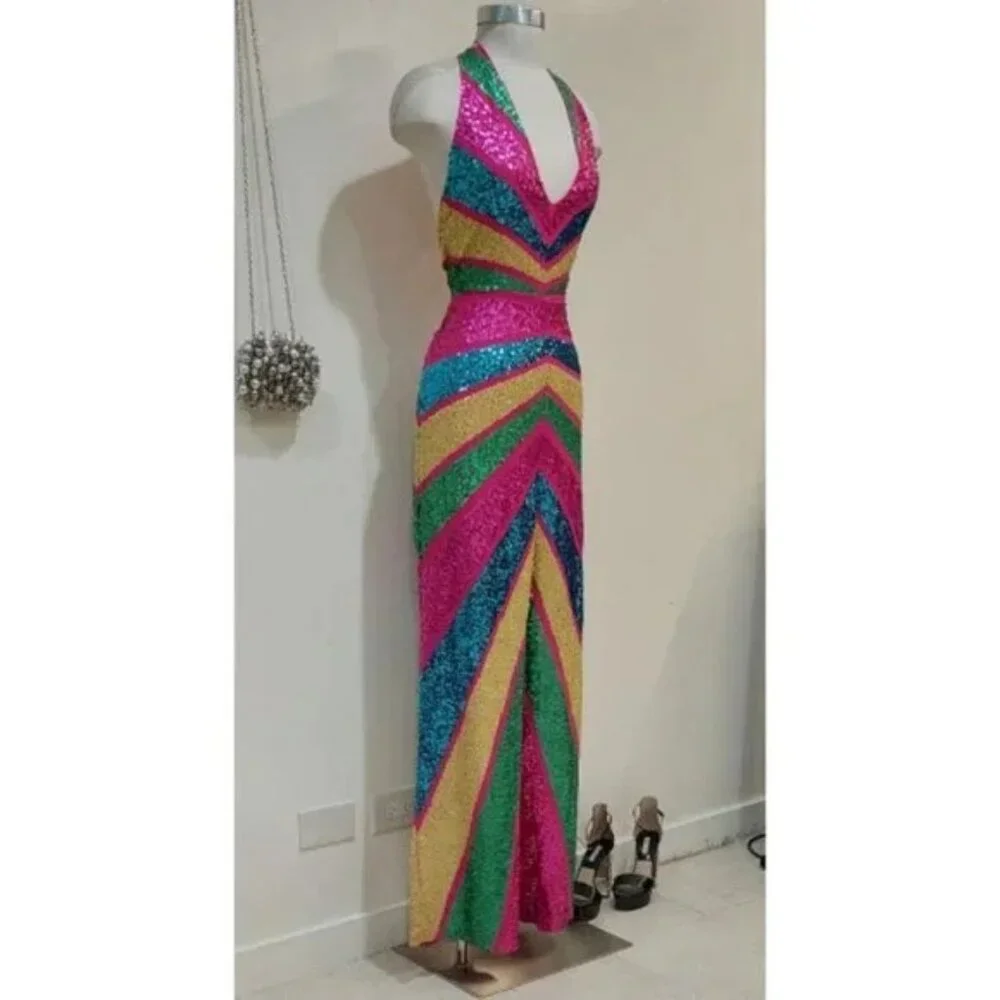 💋RETRO GLAM!💋 STUDIO 54 Halter Cut Out Wide-leg Jumpsuit in Stripe Sequin - Picture 7 of 15